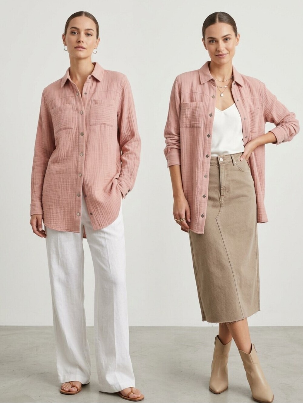 Soft Surroundings Soft Girl Quiet Luxe Pink Button Down Silver Accents M